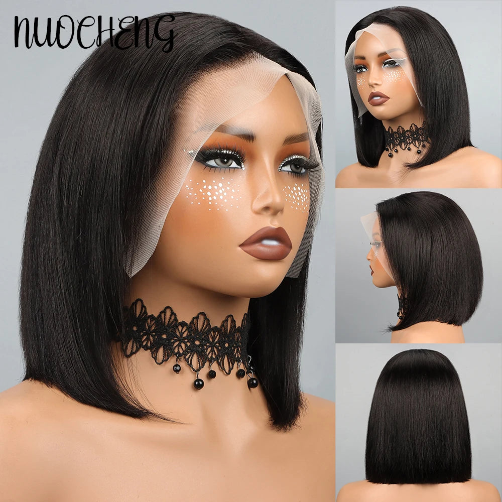 Peruca Bob de Cabelo Humano 13X4 com Renda Frontal para Mulheres Negras, Peruca Bob Lisa sem Cola, Cor Natural