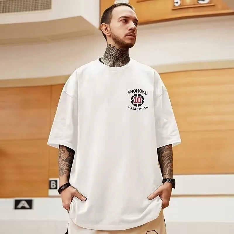 8xl masculino oversize moda solta basquete americano número dez impressão manga curta em torno do pescoço versátil tendência casal outfit