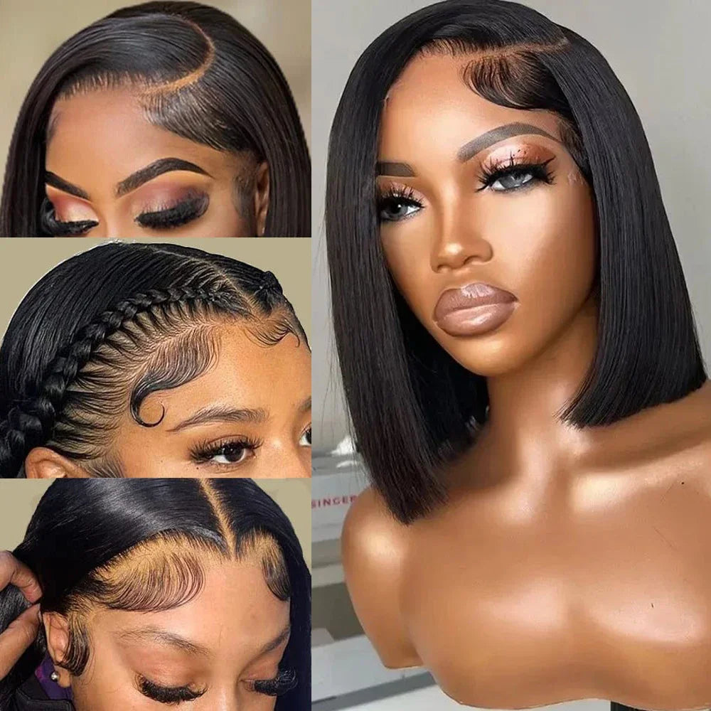 Peruca Bob de Cabelo Humano 13X4 com Renda Frontal para Mulheres Negras, Peruca Bob Lisa sem Cola, Cor Natural