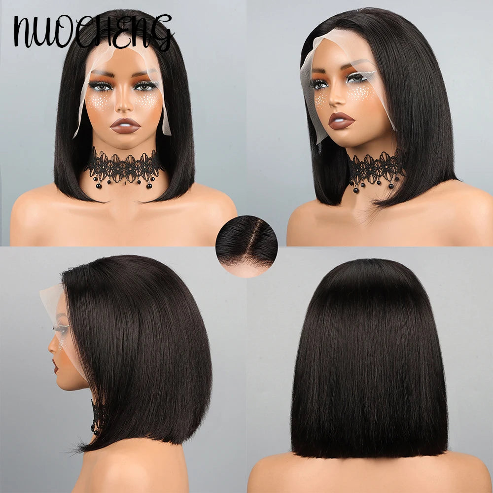 Peruca Bob de Cabelo Humano 13X4 com Renda Frontal para Mulheres Negras, Peruca Bob Lisa sem Cola, Cor Natural